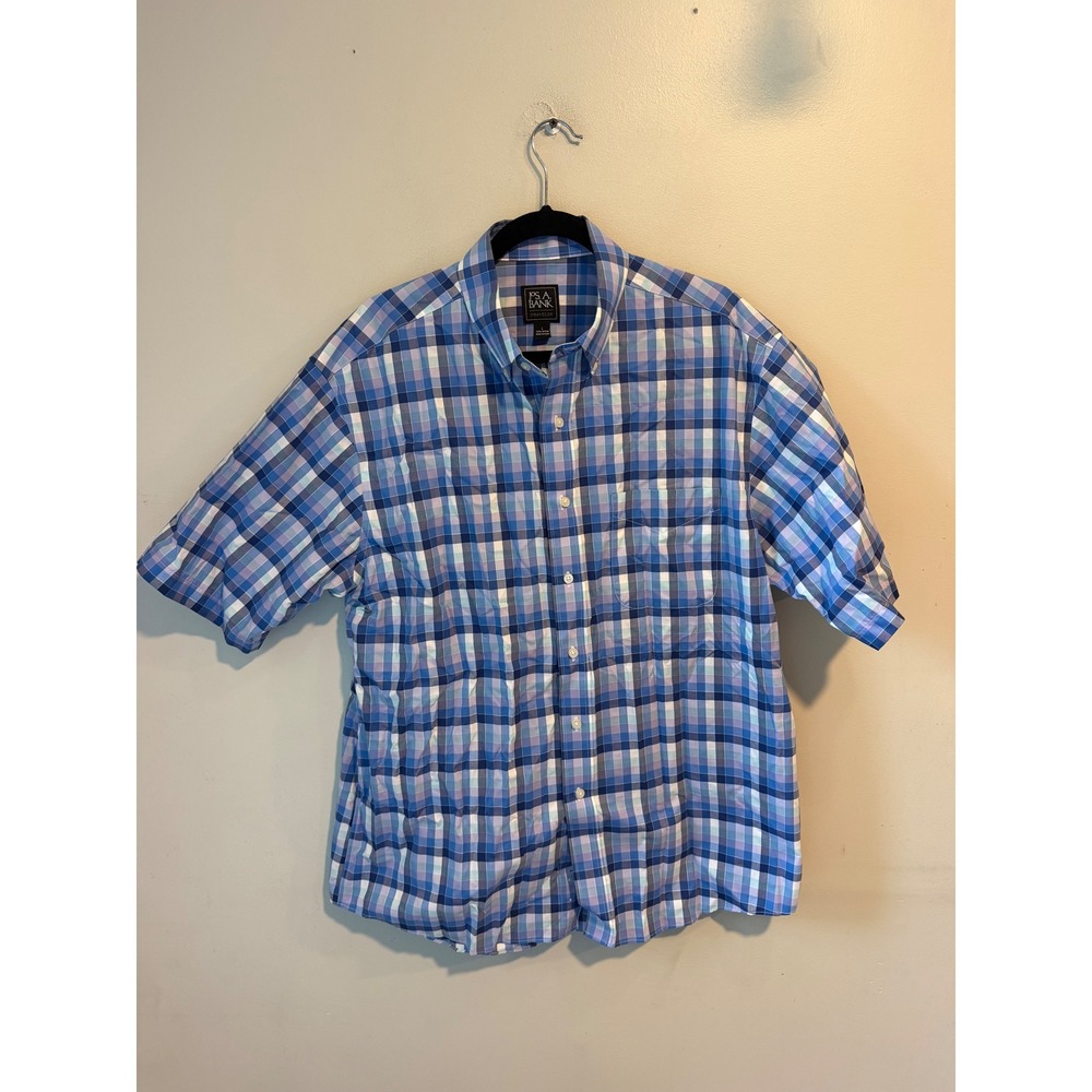 Jos. A. Bank Traveler Mens Large Blue Plaid Short Sleeve Button Down Shirt L